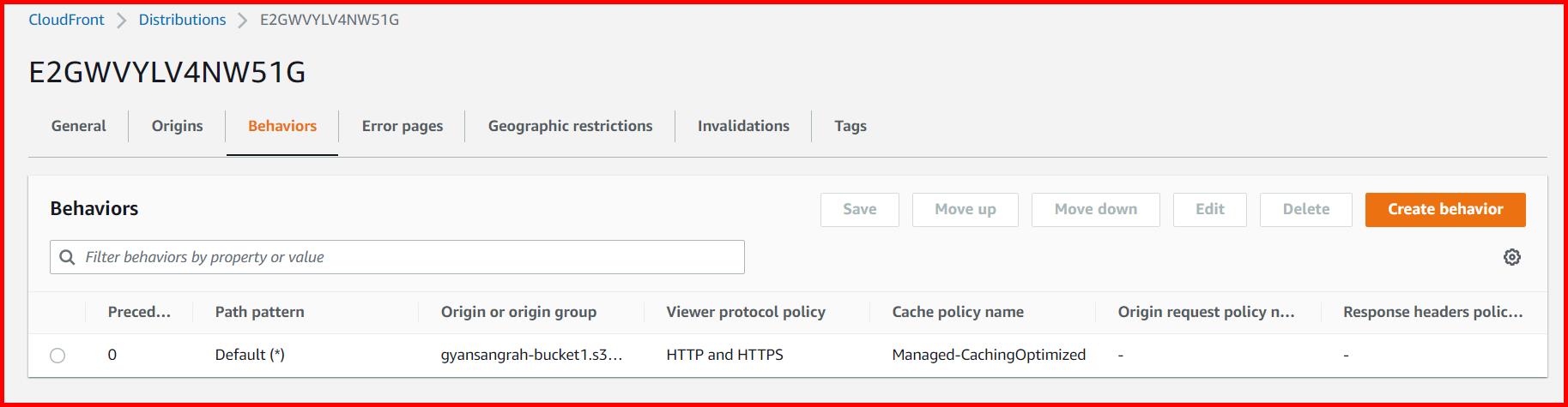 Picture showing the Behaviors tab in CloudFront for adding a new behavior